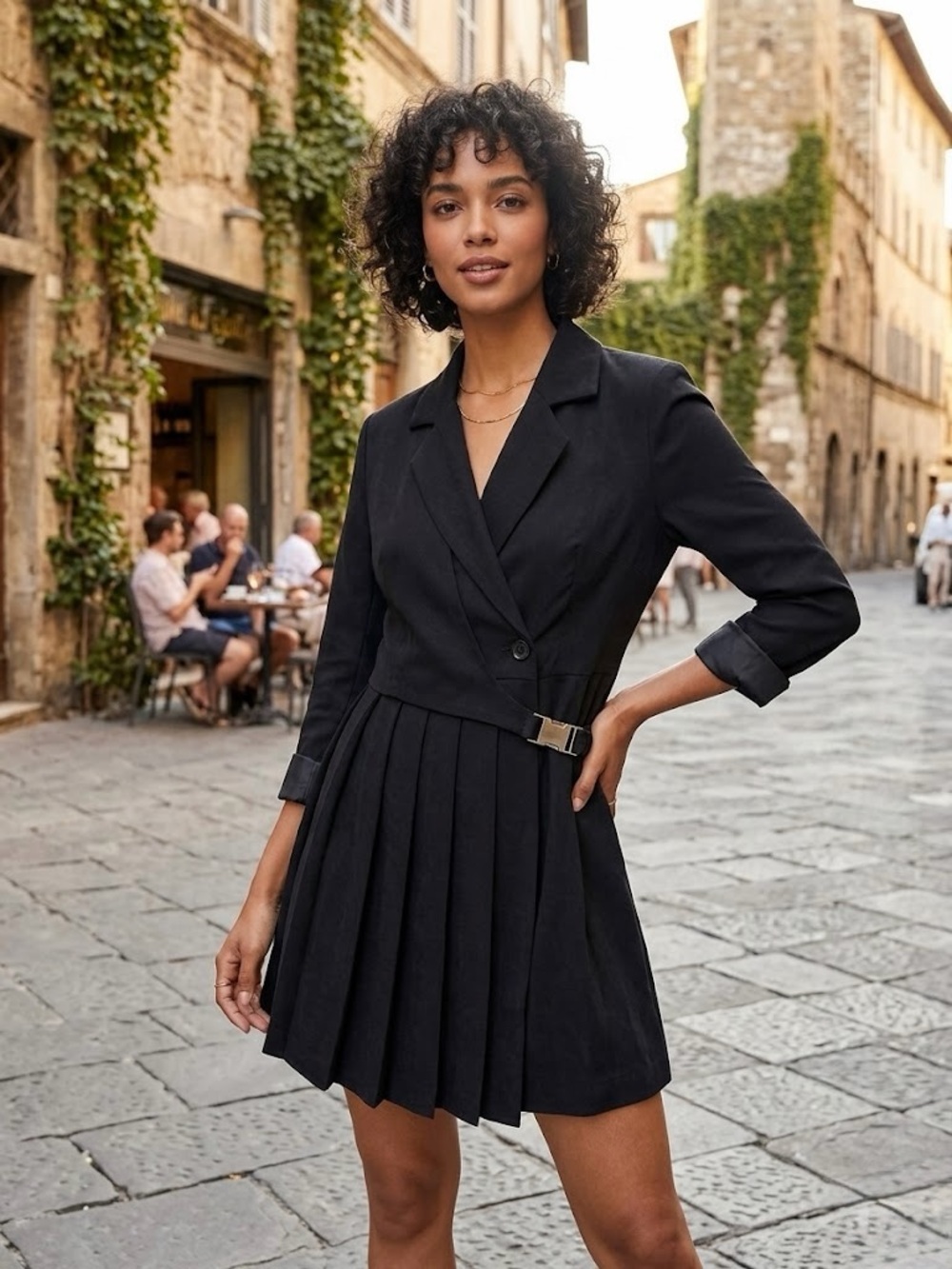 GUYUE Black Asymmetrical Pleated Blazer Dress